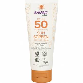 Sollotion, Bambo Nature, 100 ml, SPF 50, uden farve og parfume, 23% fedt, EU, til længere ophold i