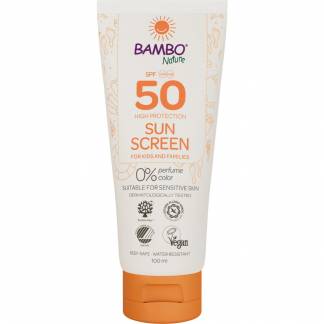 Sollotion, Bambo Nature, 100 ml, SPF 50, uden farve og parfume, 23% fedt, til længere ophold i solen
