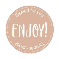 Forseglingsetiket MetoClosure Enjoy! Ø50mm brun m/sikkerhedssnit 500stk/rul