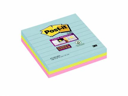 Post-it blok Super Sticky ass. linieret 101x101mm 3blk/pak