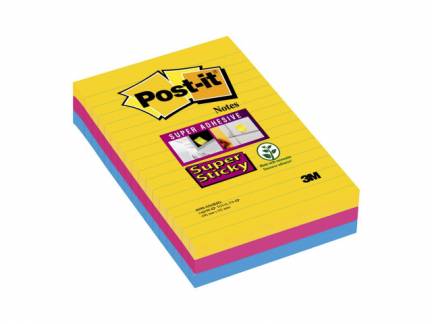 Post-it blok Super Sticky ass. linieret 101x152mm 3blk/pak