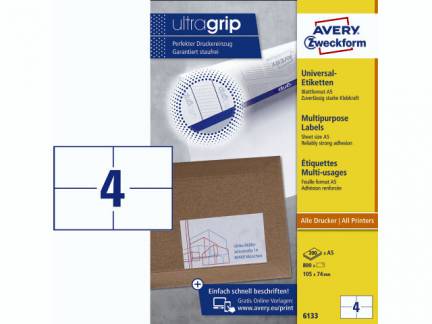 Laseretiket Avery A5 105x74mm 4/ark 200ark/pak 6133