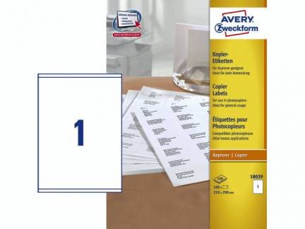 Kopietiket 210x290mm 1/ark 100ark/pak 18039 Hvid 1x1x1mm (100Ark)