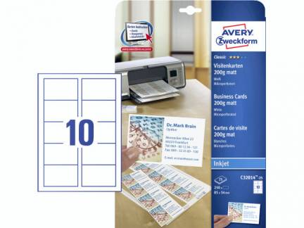 Visitkort Avery inkjet hvid mat 200g 250stk/pak C32014-25