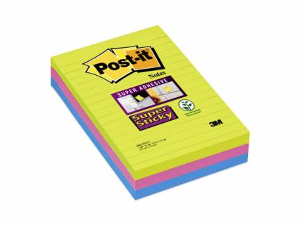 Post-it notes Super Sticky ass. linieret 101x152mm 3blk/pak