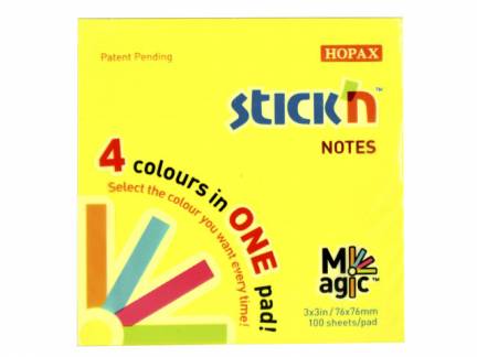 Notes Stick'N Magic Neon 76x76mm 4 farver 100blade ASSORTERET 1x1x1mm (1)