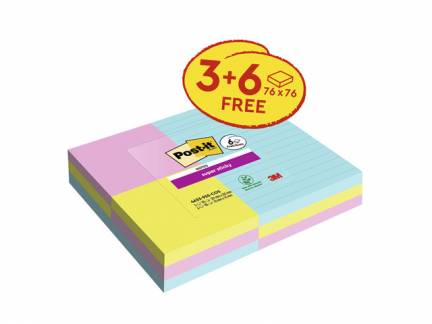 Post-it Super Sticky Notes3 linjerede- + 6 standard blokke blandede størrelser 90ark/blk 9blk/pak Co