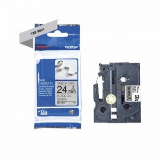 Labeltape Brother TZe-R951 24mmx4m sort på sølv satin