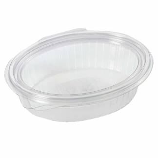 Plastbakke m/hængsl. låg 50stk R-PET oval 370ml 166x131x45mm