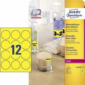 Laseretiket Avery Ø63,5mm 12/ark 25ark/pak L7670Y-25