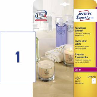 Laseretiket Avery Crystal Clear 210x297mm 1/ark 25ark/pak