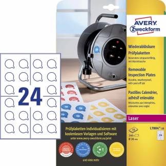 Etiket Avery t/inspektionsdato aftagelig hvid &Oslash;30mm 240stk/pk