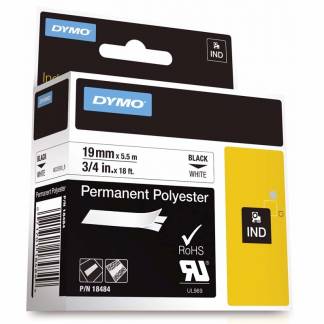Labeltape DYMO Rhino 19mmx5,5m sort på hvid poly