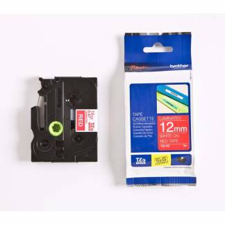 Labeltape Brother TZe435 12mmx8m hvid på rød lamineret