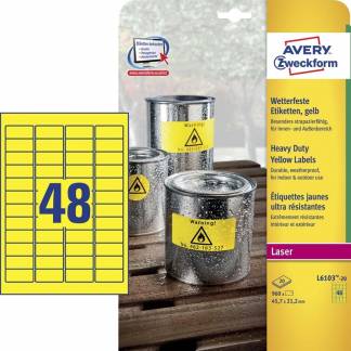 Laseretiket Avery stærk gul 45,7x21,2mm 48stk/ark 20ark/pak