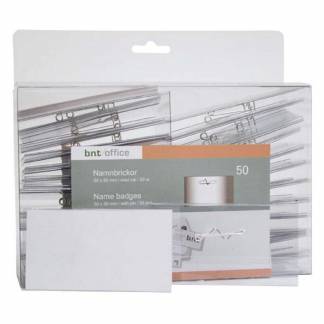 Navneskilte 50x90mm hvid m/sikkerhedsnål & indstik