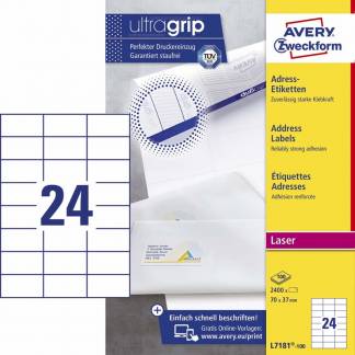 Laseretiket Avery 70x37mm 24/ark 100ark/pak L7181 2400stk/æsk
