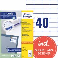 Avery 3651 Universaletiketter, 52,5 x 29,7 mm, A4, uden lak, hvid Uanset hvilken printer du har, brug Avery 3651 universaletiketter med Ultragrip for præcis udskrivning uden papirstop. Design og print med gratis software. Køb her.