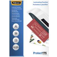 Lamineringslommer A3 100 x 175 Micron Blank Premium lamineringslommer fra Fellowes med blank skinnende overflade i A3. Kan bruges til alle lamineringsmaskiner uanset mærke.