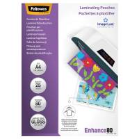 Lamineringslommer A4 25 x 80 Micron Blank Premium lamineringslommer fra Fellowes med blank skinnende overflade i A4. Kan bruges til alle lamineringsmaskiner uanset mærke.