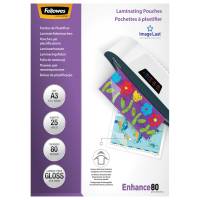 Lamineringslommer A3 25 x 80 Micron Blank Premium lamineringslommer fra Fellowes med blank skinnende overflade i A3. Kan bruges til alle lamineringsmaskiner uanset mærke.