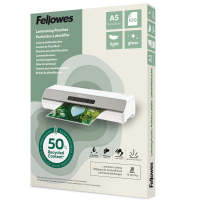 Fellowes Lamineringslommer 50% Genbrug A5 Light 100 Stk Blank Pakke med 100 blanke lamineringslommer i størrelse A5 fra Fellowes. Lommerne er fremstillet af 50 % genanvendt materiale.