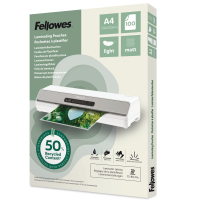 Fellowes Lamineringslommer 50% Genbrug A4 Light 100 Stk Mat Pakke med 100 matte lamineringslommer i størrelse A4 fra Fellowes. Lommerne er fremstillet af 50 % genanvendt materiale.