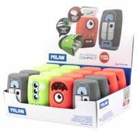 MILAN Kompakt Dobbelt Blyantspidser og Viskelæder Alien 16 stk Display 16 kompakte blyantspidsere og viskelædere fra Alien-serien fra Milan.