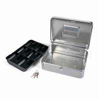 Pengekasse 6 Tomme Sølv Klassisk pengekasse 6 i formstøbt stål med håndtag og møntbakke i plast med 6 rum."