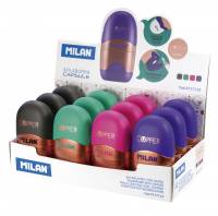 MILAN Copper Kompakt Dobbelt Blyantspidser og Viskelæder 12 stk Display 12 kompakte blyantspidsere og viskelædere fra Copper-serien fra Milan.