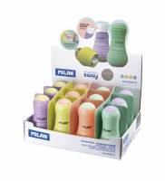 MILAN Sway Dobbelt Blyantspidser og Viskelæder 12 stk Display Kombineret blyantspidser og viskelæder fra Milans SWAY-serie, leveret i et salgsdisplay med 12 stk. i fire forskellige pastelfarver.