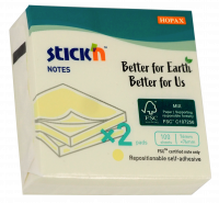 Notepad FSC 76x76 100 ark 2 pakker Pastelgul Kartonomslag Stick'N FSC-certificerede aftagelige klisterm&aelig;rker i pastellgul, 76 x 76 mm. 100 ark pr. blok, leveres i pakker med 2. Plastfri emballage. Nemme at flytte og genbruge uden at efterlade rester eller