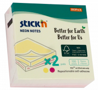 Notepad FSC 76x76 100 ark 2 pakker Assorteret Neon Kartonomslag Stick'N FSC-certificerede flytbare klisterm&aelig;rker i neon gul og magenta, 76 x 76 mm. 100 ark pr. blok, leveres i 2-pak (et af hver farve). Plastfri emballage. Nemme at flytte og genbruge uden 