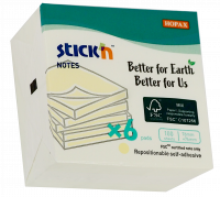 Notepad FSC 76x76 100 ark 6-pak Pastelgul Kartonomslag Stick'N FSC-certificerede flytbare klisterm&aelig;rker i pastellgul, 76 x 76 mm. 100 ark pr. blok, leveres i 6-pak. Plastfri emballage. Klisterm&aelig;rkerne kan flyttes og genbruges uden at efterlade rester elle
