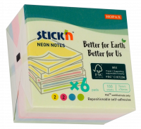 Notepad FSC 76x76 100 ark 6 stk. Assorteret neon Kartonomslag Stick'N FSC-certificerede aftagelige klisterm&aelig;rker i neonfarver, 76 &times; 76 mm. 100 ark pr. blok og 6 blokke pr. pakke i gul, magenta, bl&aring; og gr&oslash;n. Plastfri emballage og klisterm&aelig;rker, der kan fly