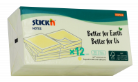 Notepad FSC 76x76 100 ark 12 stk. Pastelgul Kartonomslag Stick'N FSC-certificerede aftagelige klisterm&aelig;rker, st&oslash;rrelse 76 &times; 76 mm, i pastellgul. 100 ark pr. blok og 12 blokke pr. pakke. Plastfri emballage og klisterm&aelig;rker, der kan flyttes og genbruges ude