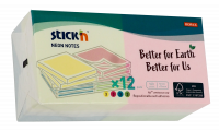 Notepad FSC 76x76 100 ark 12 pakker Assorteret neon Kartonomslag Stick'N FSC-certificerede aftagelige klisterm&aelig;rker i neonfarver. Opdelt i 3 blokke pr. farve: gul, magenta, bl&aring; og gr&oslash;n. Plastfri emballage og klisterm&aelig;rker, der kan flyttes og genbruges ude