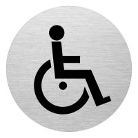 Dørskilt WC Handikappet Dørskilt i aluminium med handikappet piktogram. 75mm i diameter og selvklæb på bagsiden..