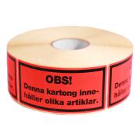 Advarselsetiketter Aktas Denna Kartong Innehåller Olika Artiklar Fluorescerende selvklæbende etiket med sort print: Denna kartong innehåller olika artiklar. Format 100x50mm, 1000 etiketter per rulle.