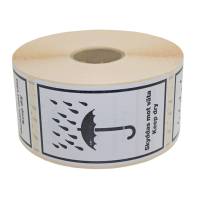 Advarselsetiketter Skyddas Mot Väta / Keep Dry Hvid selvklæbende etiket med sort symbol og tekst: Skyddas mot väta/ Keep dry. Format 120x70mm, 1000 etiketter pr. rulle.