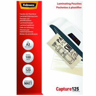 Lamineringslommer A3 100 x 125 Micron Matt Premium lamineringslommer fra Fellowes med mat overflade i A3. Kan bruges til alle lamineringsmaskiner uanset mærke.
