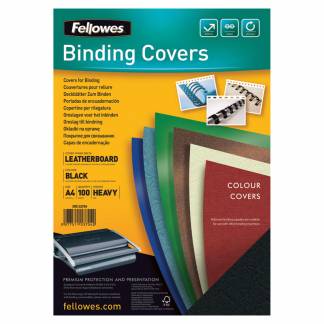 Fellowes Indbindingsomslag A4 Sort 100 Pakke Disse 100 procent genanvendelige indbindingsbetræk er lavet af FSC-blanding, der skaber en elegant finish, uanset om du bruger en kam- eller trådbindingsmaskine.