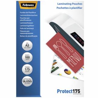 Lamineringslommer A3 100 x 175 Micron Blank Premium lamineringslommer fra Fellowes med blank skinnende overflade i A3. Kan bruges til alle lamineringsmaskiner uanset mærke.