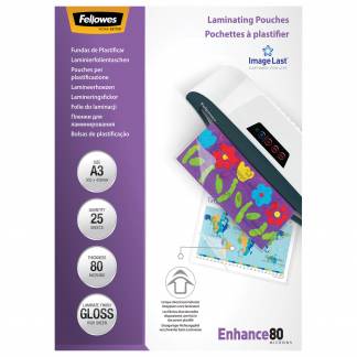 Lamineringslommer A3 25 x 80 Micron Blank Premium lamineringslommer fra Fellowes med blank skinnende overflade i A3. Kan bruges til alle lamineringsmaskiner uanset mærke.