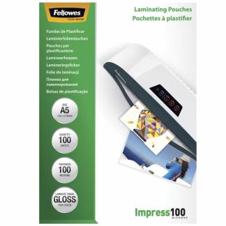 Lamineringslommer A5 100 x 100 Micron Blank Premium lamineringslommer fra Fellowes med blank skinnende overflade i A5. Kan bruges til alle lamineringsmaskiner uanset mærke.