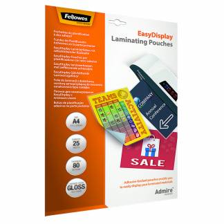 Lamineringslommer A4 25 x 80 Mikron Easy Display Admire lamineringslommer fra Fellowes løfter laminering til et nyt niveau og åbner for helt nye muligheder....