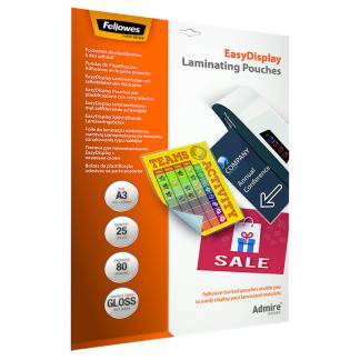Lamineringslommer A3 25 x 80 Micron Blank Easy Display Admire lamineringslommer fra Fellowes løfter laminering til et nyt niveau og åbner for helt nye muligheder.