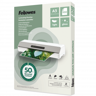 Fellowes Lamineringslommer 50% Genbrug A3 Light 100 Stk Blank Pakke med 100 blanke lamineringslommer i størrelse A3 fra Fellowes..Lommerne er fremstillet af 50 % genanvendt materiale.