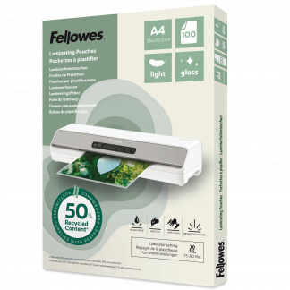 Fellowes Lamineringslommer 50% Genbrug A4 Light 100 Stk Blank Pakke med 100 blanke lamineringslommer i størrelse A4 fra Fellowes..Lommerne er fremstillet af 50 % genanvendt materiale.