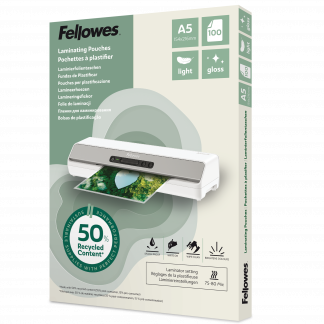 Fellowes Lamineringslommer 50% Genbrug A5 Light 100 Stk Blank Pakke med 100 blanke lamineringslommer i størrelse A5 fra Fellowes. Lommerne er fremstillet af 50 % genanvendt materiale.